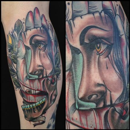 Tattoos - traditional color girls face with hand tattoo, Gary Dunn Art Junkies Tattoo - 75938